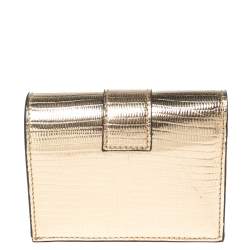 Pre Owned Jimmy Choo Gold Lizard Embossed Leather Hanne Crystals Compact Wallet