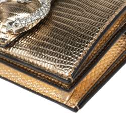 Pre Owned Jimmy Choo Gold Lizard Embossed Leather Hanne Crystals Compact Wallet