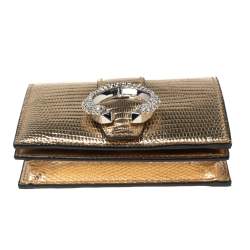 Pre Owned Jimmy Choo Gold Lizard Embossed Leather Hanne Crystals Compact Wallet