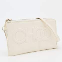 Pre Owned Jimmy Choo White Leather Embossed Logo Adelia Wallet on Strap