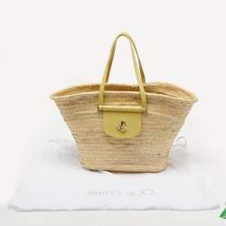Pre Owned Jimmy Choo Yellow/Natural Leaf Raffia Macy Tote