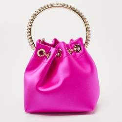 Pre Owned Jimmy Choo Fuchsia Satin Bon Bon Crystal Embellished Bucket Bag