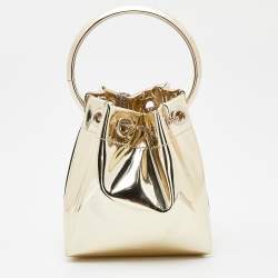 Pre Owned Jimmy Choo Gold Laminated Leather Bon Bon Crystal Embellished Bucket Bag