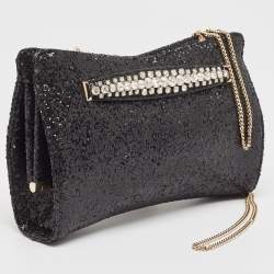 Pre Owned Jimmy Choo Black Glitter Venus Crystals Chain Clutch