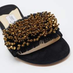 Jimmy Choo Black Suede Embellished Waida Flat Slides Size 37.5