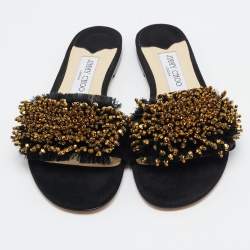 Jimmy Choo Black Suede Embellished Waida Flat Slides Size 37.5