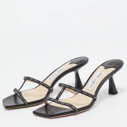 Jimmy Choo Black Logo Print Fabric Ria Sandals Size 37.5