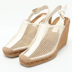 Pre Owned Jimmy Choo Off White Mesh and Leather Dakori Wedge Espadrille Sandals Size 39
