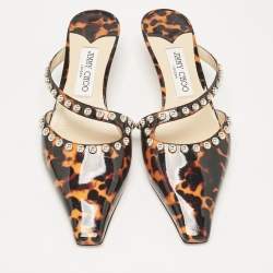 مملوكة مسبقًا Jimmy Choo Black/Brown Animal Print Patent Leather Ros Mules Size 39