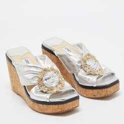 Pre Owned Jimmy Choo Silver Leather Nevara Wedge Sandals Size 36.5