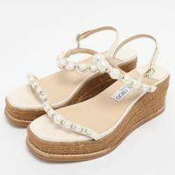 Pre Owned Jimmy Choo Cream Leather Amatuss Espadrille Sandals Size 37.5