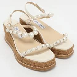Pre Owned Jimmy Choo Cream Leather Amatuss Espadrille Sandals Size 37.5