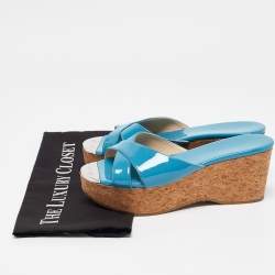 Jimmy Choo Blue Patent Leather Prima Slide Sandals Size 38.5