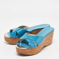 Jimmy Choo Blue Patent Leather Prima Slide Sandals Size 38.5