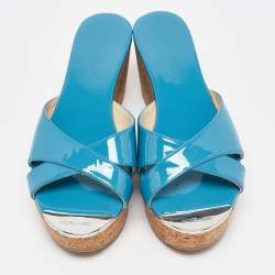 Jimmy Choo Blue Patent Leather Prima Slide Sandals Size 38.5