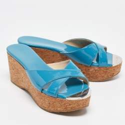 Jimmy Choo Blue Patent Leather Prima Slide Sandals Size 38.5