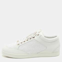 Jimmy Choo White Glitter and Leather Miami Low Top Sneakers Size 43