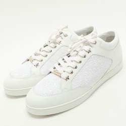 Jimmy Choo White Glitter and Leather Miami Low Top Sneakers Size 43