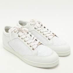 Jimmy Choo White Glitter and Leather Miami Low Top Sneakers Size 43