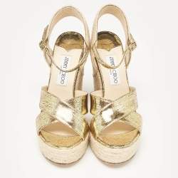 مملوكة مسبقًا Jimmy Choo Gold Lizard Embossed Leather Dellena Wedge Sandals Size 38.5