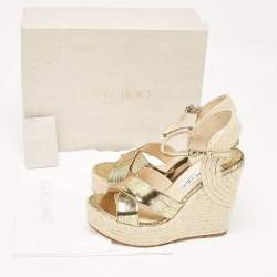 مملوكة مسبقًا Jimmy Choo Gold Lizard Embossed Leather Dellena Wedge Sandals Size 38.5