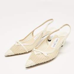 Pre Owned Jimmy Choo White Leather and Mesh Amita Slingback Pumps Size 37.5