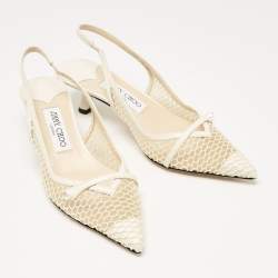 Pre Owned Jimmy Choo White Leather and Mesh Amita Slingback Pumps Size 37.5