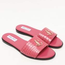 Jimmy Choo Pink Croc Embossed Leather Minea Slide Sandals Size 40