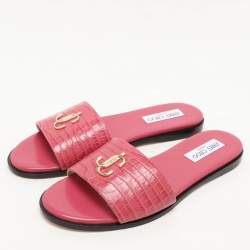 Jimmy Choo Pink Croc Embossed Leather Minea Slide Sandals Size 40