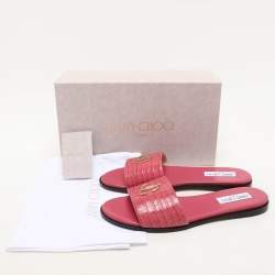 Jimmy Choo Pink Croc Embossed Leather Minea Slide Sandals Size 40