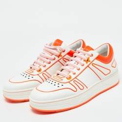 Jimmy Choo White/Neon Orange Leather Hawaii/F Sneakers Size 38