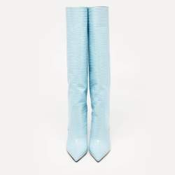Jimmy Choo Blue Croc Embossed Leather Knee Length Boots Size 39