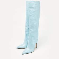Jimmy Choo Blue Croc Embossed Leather Knee Length Boots Size 39