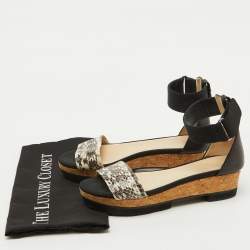 Jimmy Choo Black Snakeskin and Stretch Band Neat Ankle Strap Sandals Size 37.5