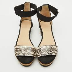 Jimmy Choo Black Snakeskin and Stretch Band Neat Ankle Strap Sandals Size 37.5