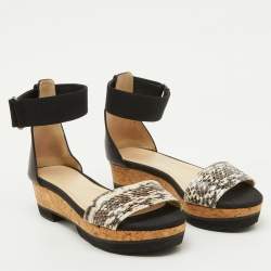 Jimmy Choo Black Snakeskin and Stretch Band Neat Ankle Strap Sandals Size 37.5