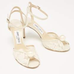 Pre Owned Jimmy Choo Off White Leather and Lace Sacora Sandals Size 38