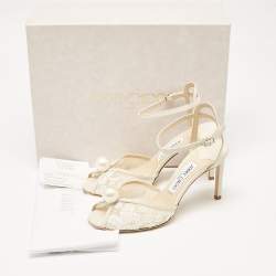 Pre Owned Jimmy Choo Off White Leather and Lace Sacora Sandals Size 38