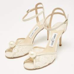 Pre Owned Jimmy Choo Off White Leather and Lace Sacora Sandals Size 38
