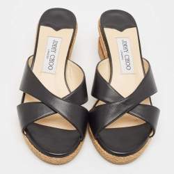 Pre Owned Jimmy Choo Black Leather Criss Cross Cork Wedge Slide Sandals Size 37.5