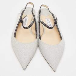 Pre Owned Jimmy Choo Silver Glitter Ree Slingback Flats Size 40