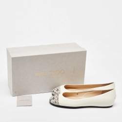 Pre Owned Jimmy Choo White Leather and Snakeskin Cap Toe Gaze Ballet Flats Size 35