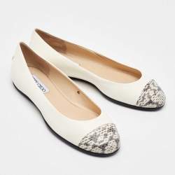Pre Owned Jimmy Choo White Leather and Snakeskin Cap Toe Gaze Ballet Flats Size 35