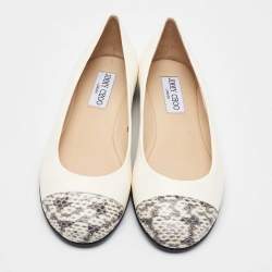 Pre Owned Jimmy Choo White Leather and Snakeskin Cap Toe Gaze Ballet Flats Size 35