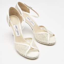 مملوكة مسبقًا Jimmy Choo Silver/Cream Glitter and Satin Lacia Sandals Size 39