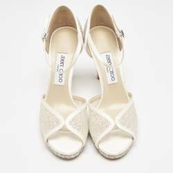 مملوكة مسبقًا Jimmy Choo Silver/Cream Glitter and Satin Lacia Sandals Size 39