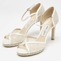 مملوكة مسبقًا Jimmy Choo Silver/Cream Glitter and Satin Lacia Sandals Size 39