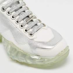 Jimmy Choo Silver/White Leather Diamond Lace Up Sneakers Size 35