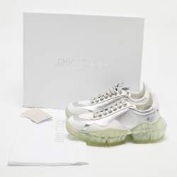 Jimmy Choo Silver/White Leather Diamond Lace Up Sneakers Size 35