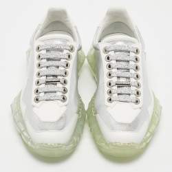 Jimmy Choo Silver/White Leather Diamond Lace Up Sneakers Size 35